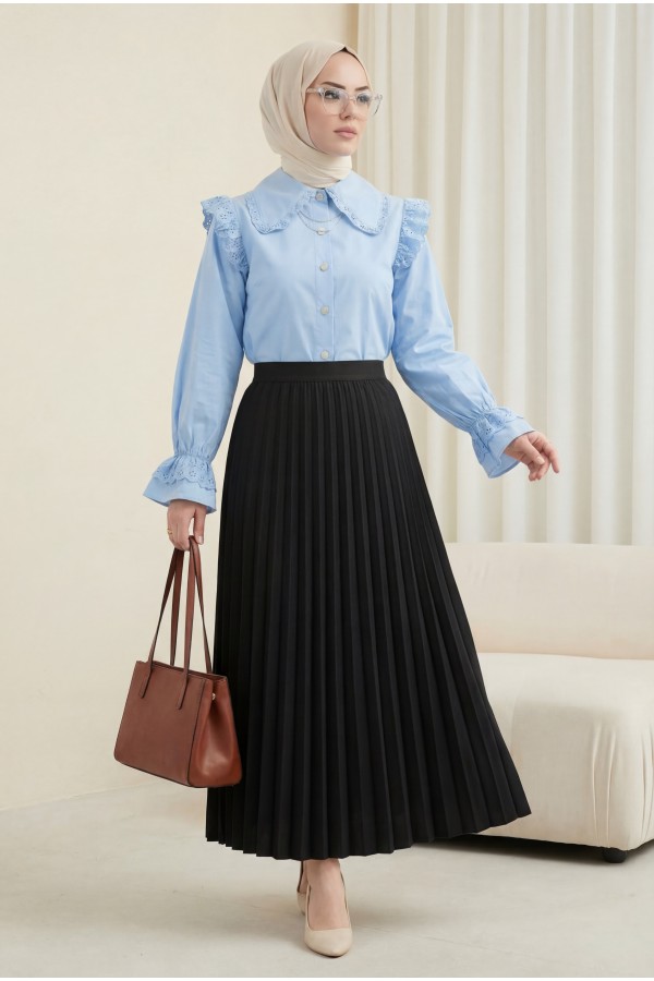 Frill Shoulder Scalloped Sleeve Elastic Buttoned Shirt  -Baby Blue