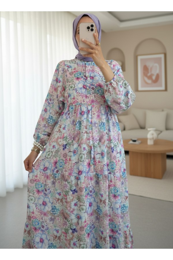 Half Buttoned Elastic Sleeve Floral Printed Dress  -Powder