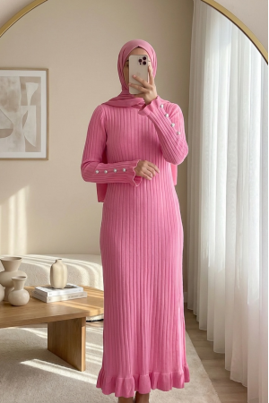 فستان محبوك بأكمام بأزرار وتنورة مكشكشة -وردي