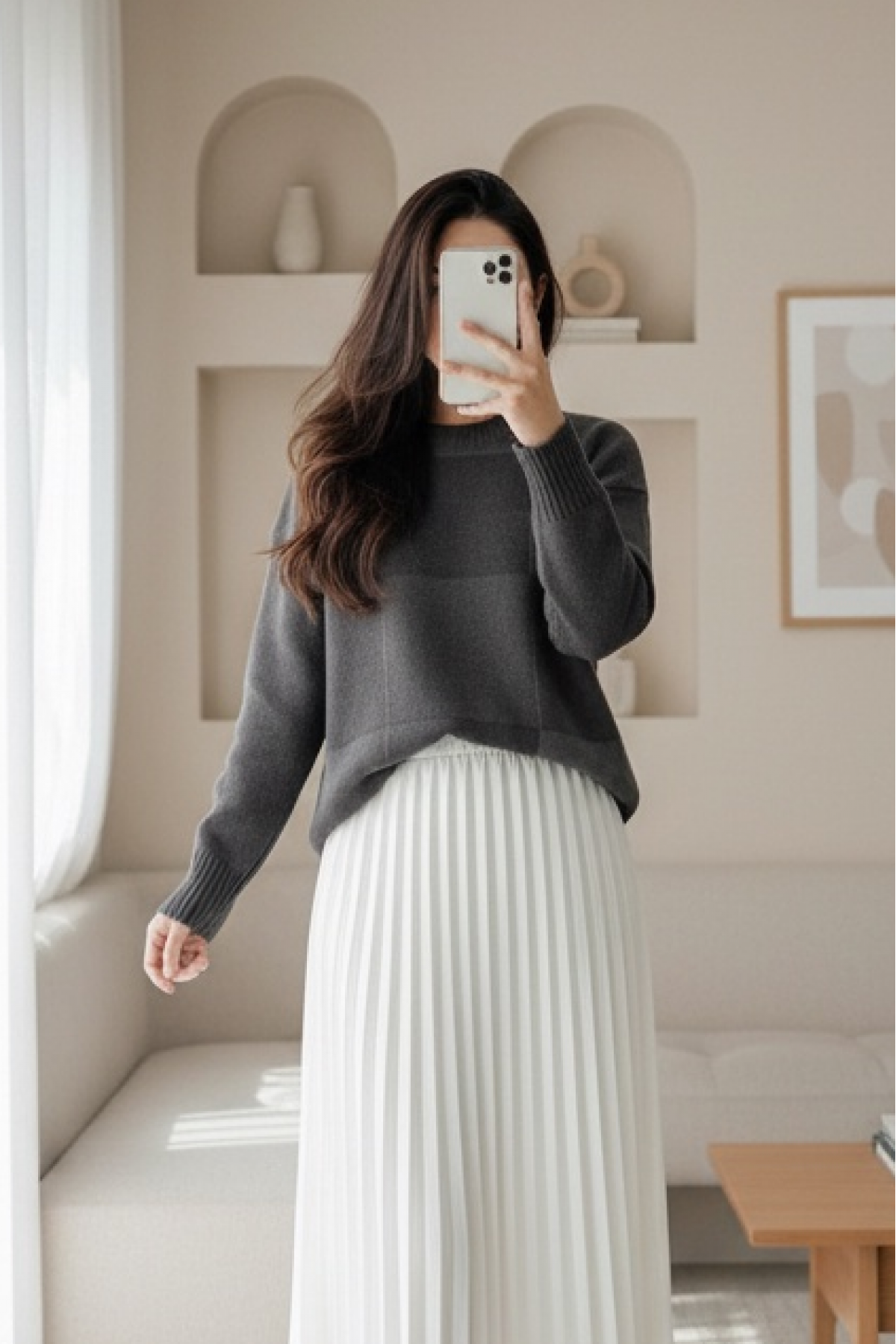 Square Patterned Round Neck Soft Sweater -Smoked 