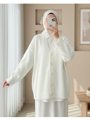 Düğmeli Salaş Triko Hırka -Beyaz