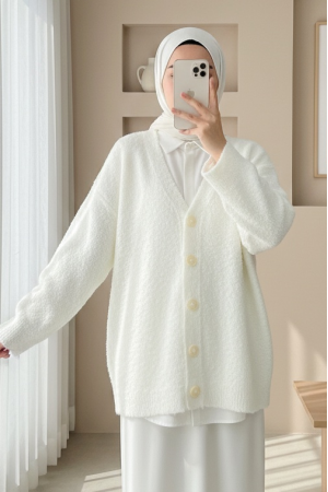 Düğmeli Salaş Triko Hırka -Beyaz