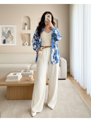 Püskürtme Desen Saten Gömlek -Saks