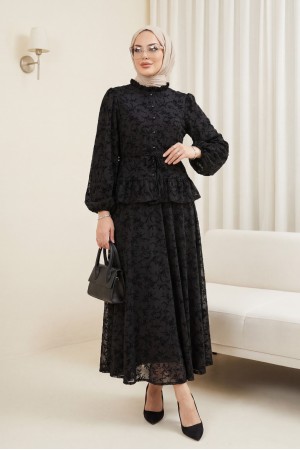 Yakası Fırfırlı Flok Baskı Astarlı Etekli Takım -Siyah
