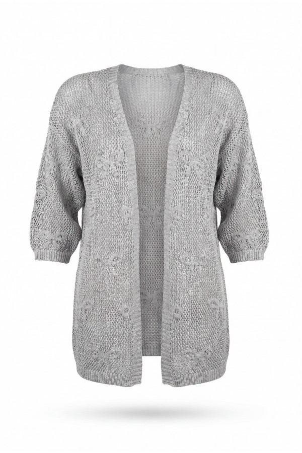 Bow Patterned Openwork Knit Cardigan  -Grey