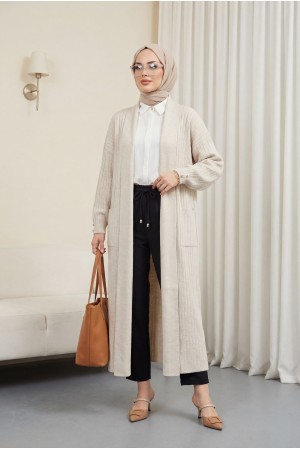 Kolu Düğme Detaylı Fitilli Uzun Triko Hırka -Taş