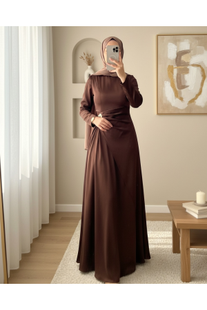 فستان ساتان سادة بخصر منسدل -بنى