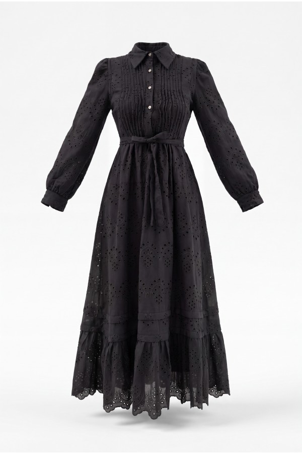 Imported Linen Dress with Ribbed Front, Frilled Trim, Lined, and Belted Shirt Collar. -Black