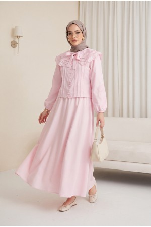 Geniş Yakalı Bağlamalı Kolu Lastikli Eteği Astarlı Poplin Takım  -Pembe
