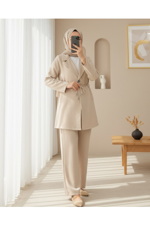 Double-Breasted Double-Laced Jacket and Trouser Set - Beige