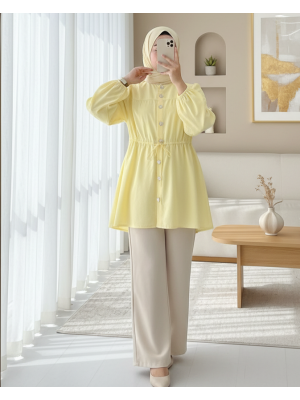 Taşlı Düğmeli Kolu Lastikli Bağlama Detaylı Gömlek -Sarı