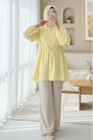 Taşlı Düğmeli Kolu Lastikli Bağlama Detaylı Gömlek -Sarı