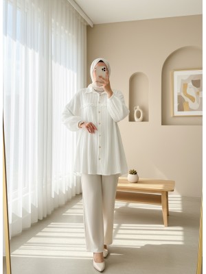 Taşlı Düğmeli Beli Bağlamalı Dantel Detaylı Gömlek -Beyaz