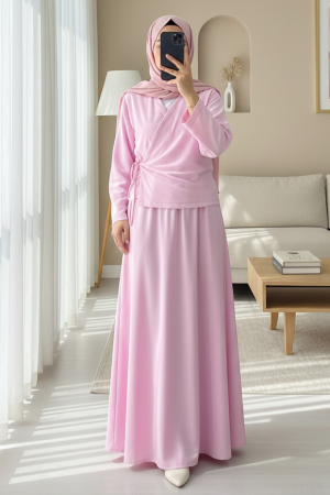 Yandan Bağlamalı Etekli Keten Takım   -Pudra