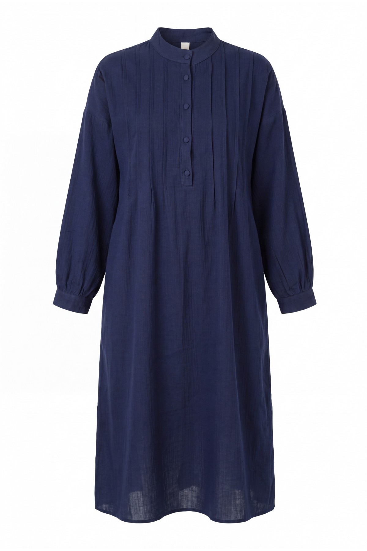 Front Ribbed Half-Button Muslin Dress -Navy blue