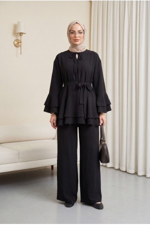 Kol Manşeti Volanlı Bol Paça Pantolonlu Kemerli Jakarlı Gofre Takım -Siyah