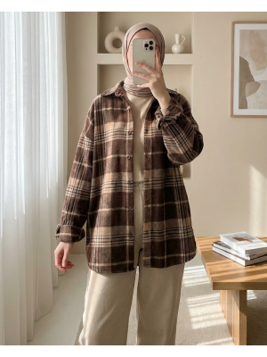 Kadın Ekose Desen Oversize Oduncu Gömlek 3854 Kahverengi