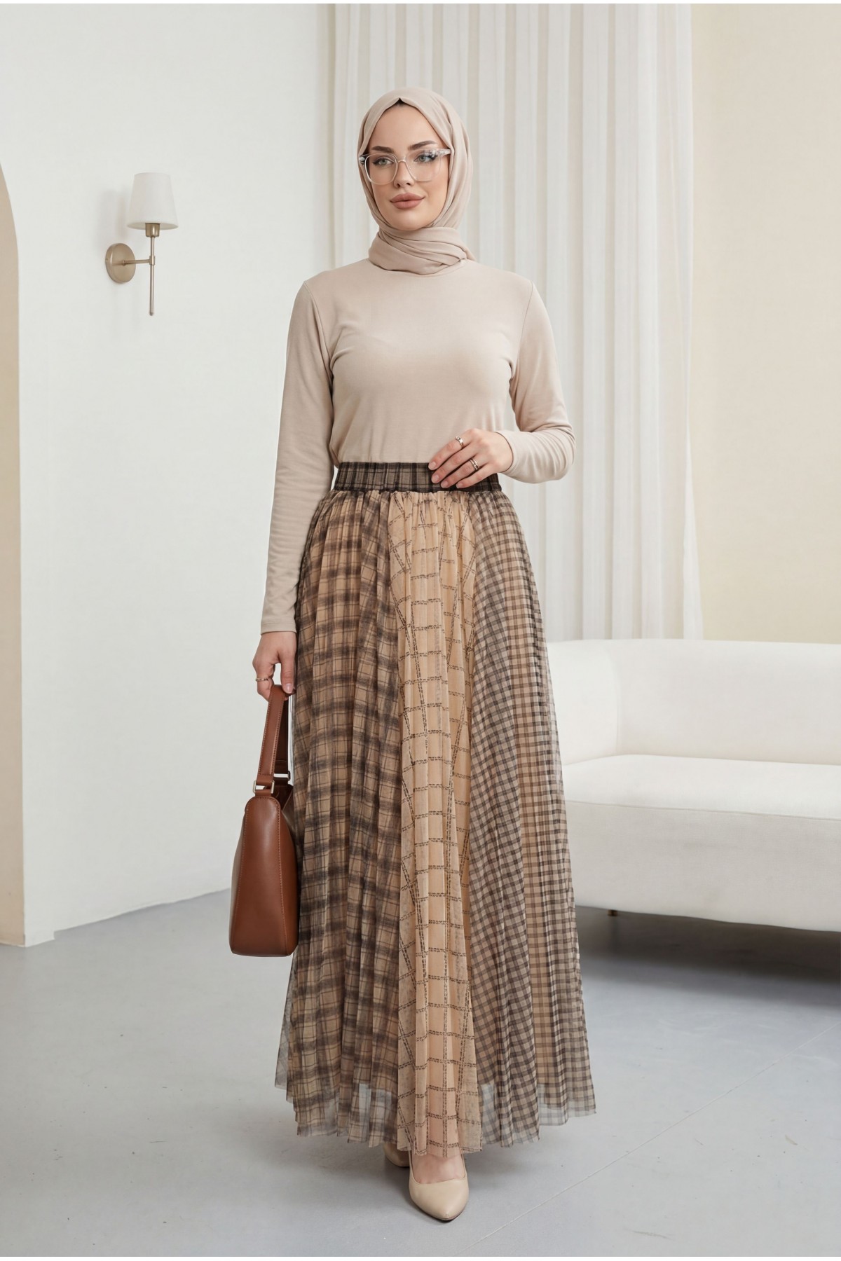 Square Patterned Tulle Skirt with Elastic Waistband and Lining -Mink color