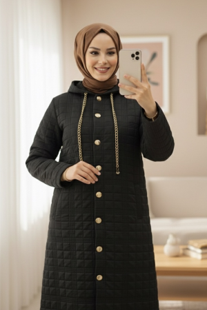 معطف مبطن بغطاء رأس وأزرار أمامية وتفاصيل سلسلة -أسود