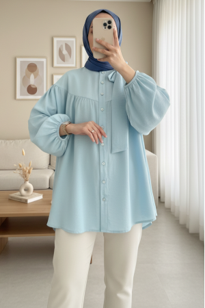 Yakası Fiyonk Detaylı Kolu Lastikli Düğmeli Keten Tunik -Bebe Mavi