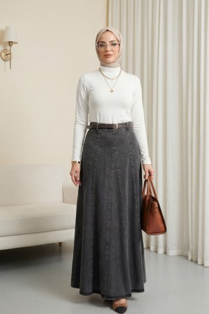 Denim Skirt with Buckle Belt and Zipper -Smoked 