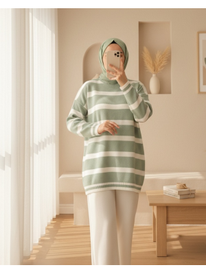 Striped Winter Hijab Knitwear Tunic  -Mint Color