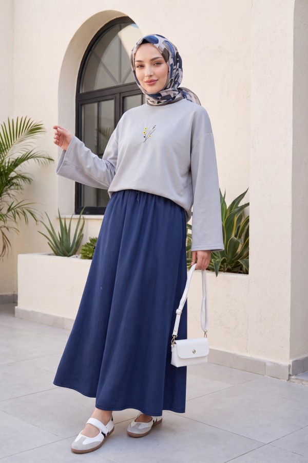 Round Neck Loose Fit Jersey Blouse with Floral Embroidery on the Front    -Grey