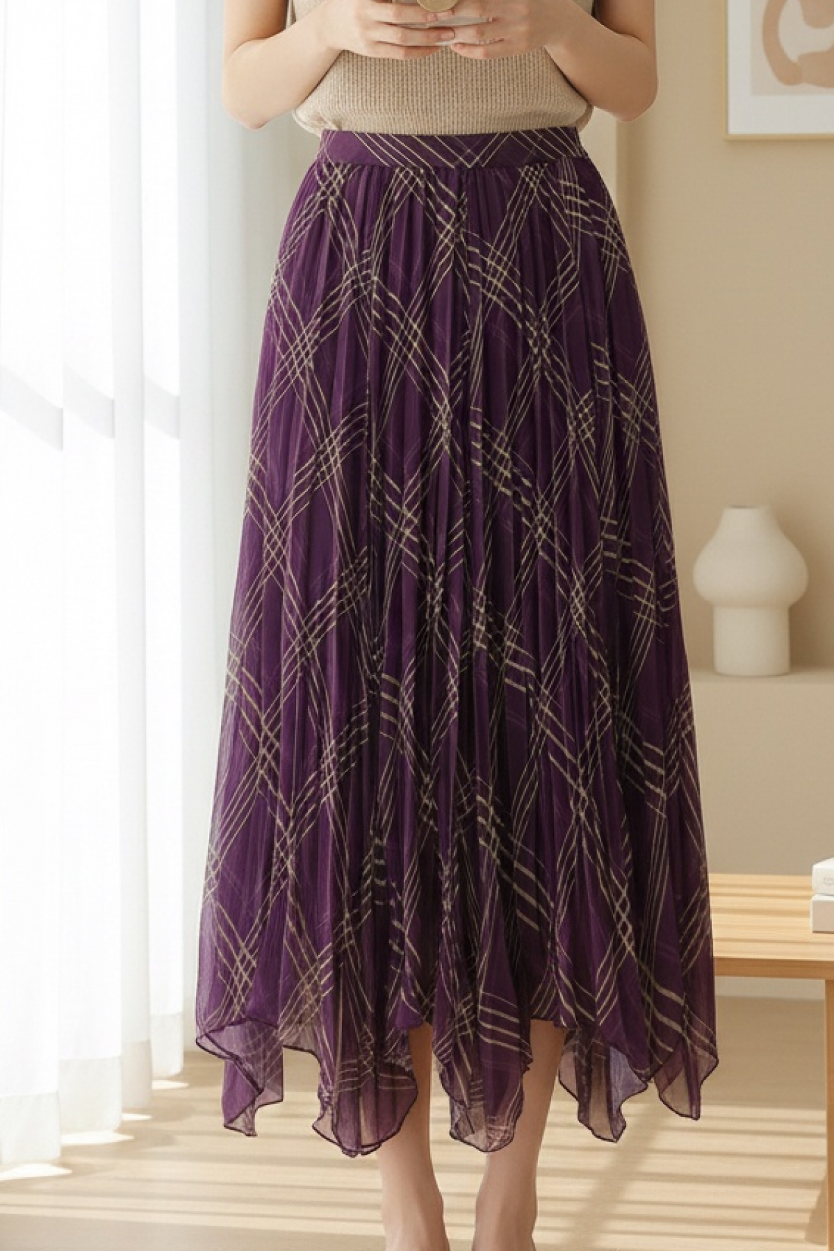Asymmetrical Cut Lined Chiffon Skirt - Purple