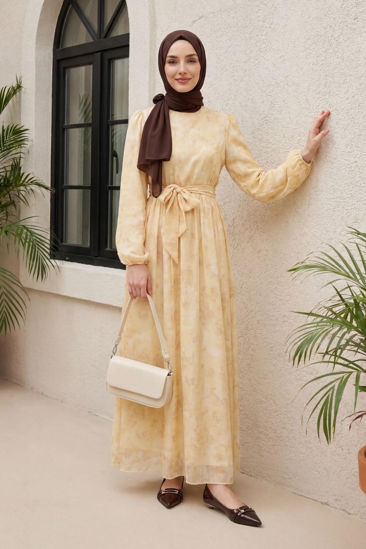 Belted Balloon Sleeve Lined Tulle Voile Dress -Yellow