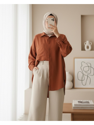 20153 Tek Cepli Oversize Keten Gömlek - A. Kiremit