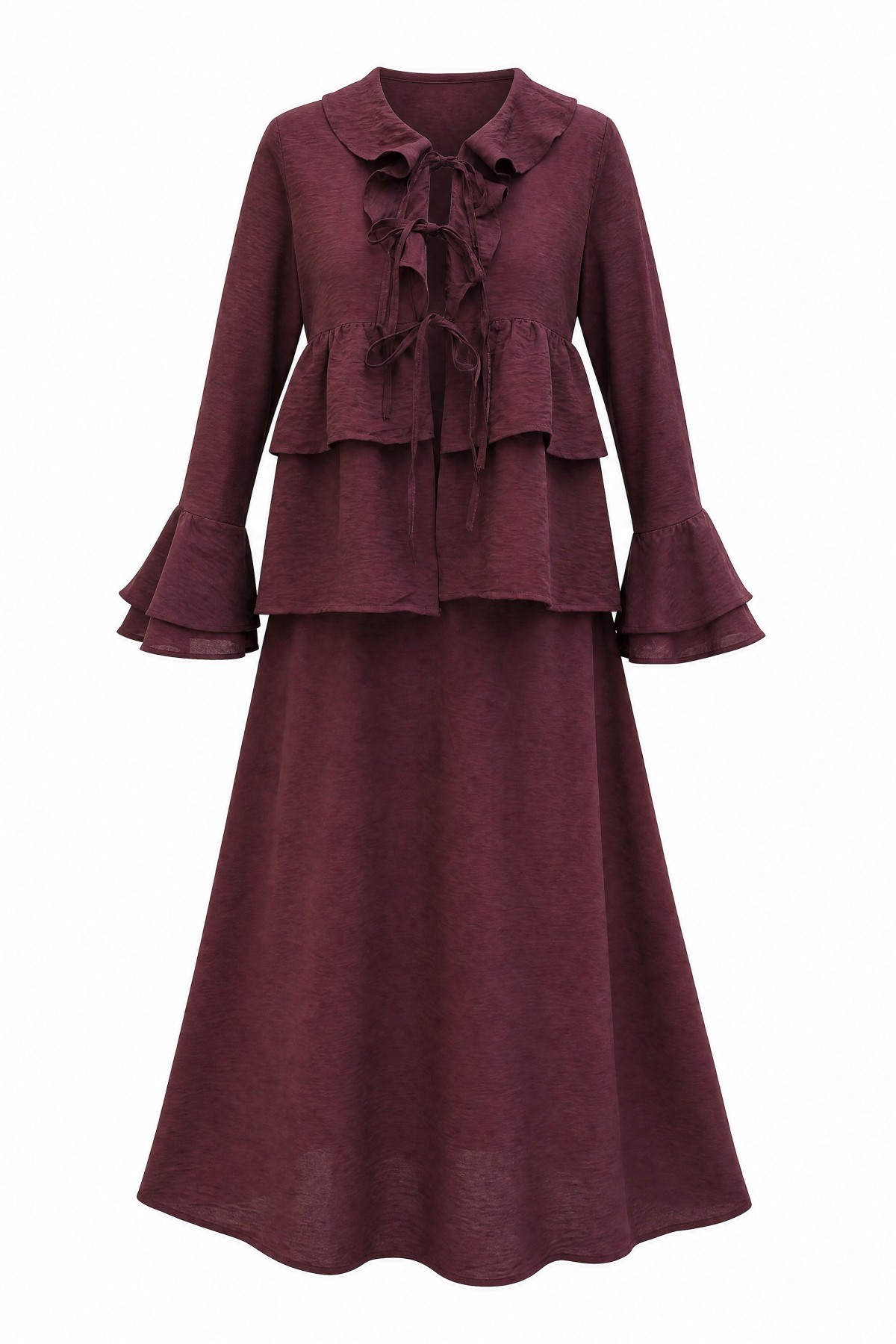 Cupra Kimono Set with Front Tie, Ruffles, Spanish Sleeves and Skirt -Damson