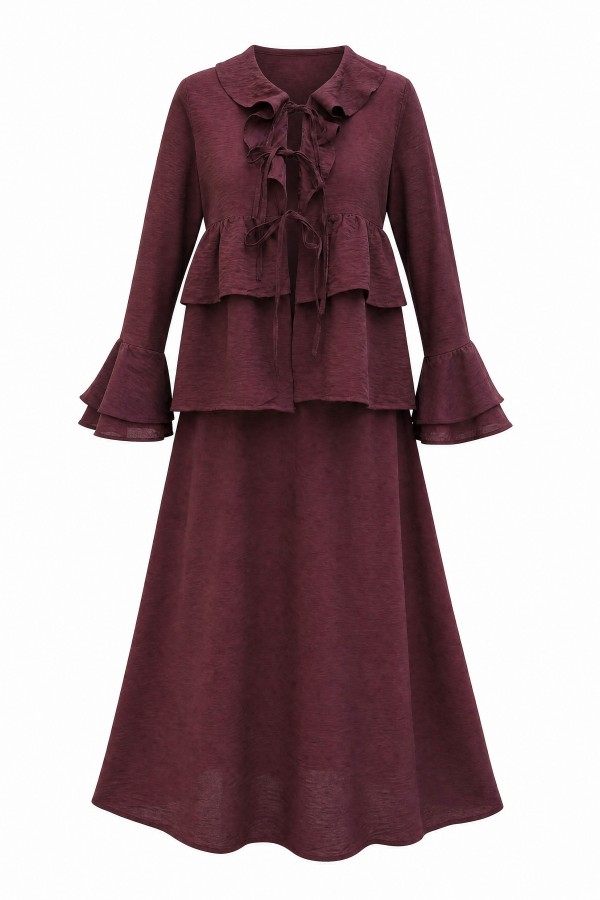 Cupra Kimono Set with Front Tie, Ruffles, Spanish Sleeves and Skirt -Damson