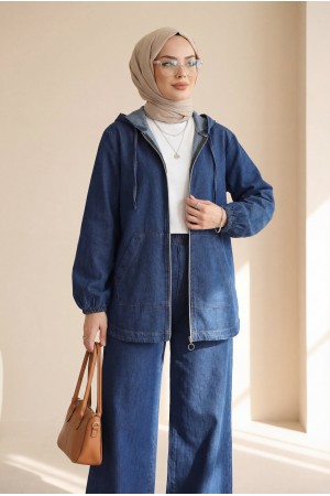 Kapşonlu Önü Fermuarlı Kolu Lastikli Cepli Kot Takım -İndigo