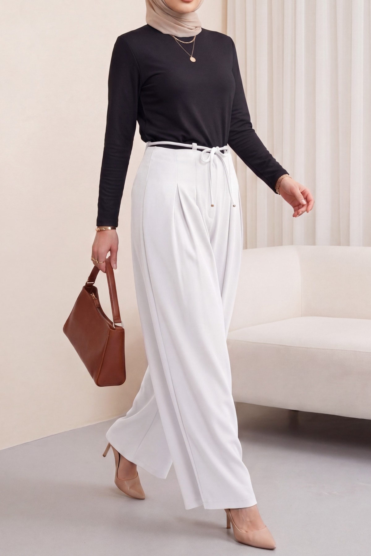 Imported Crepe Pants with Drawstring Waist and Wide Legs -White