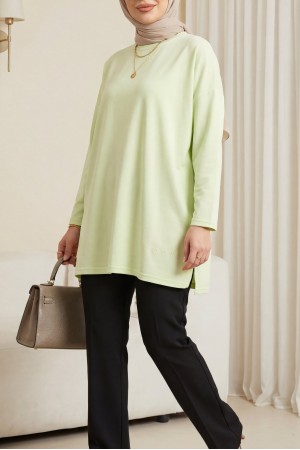 Eteği Kalp Detaylı Yırtmaçlı Salaş Penye Tunik -Açık Sarı