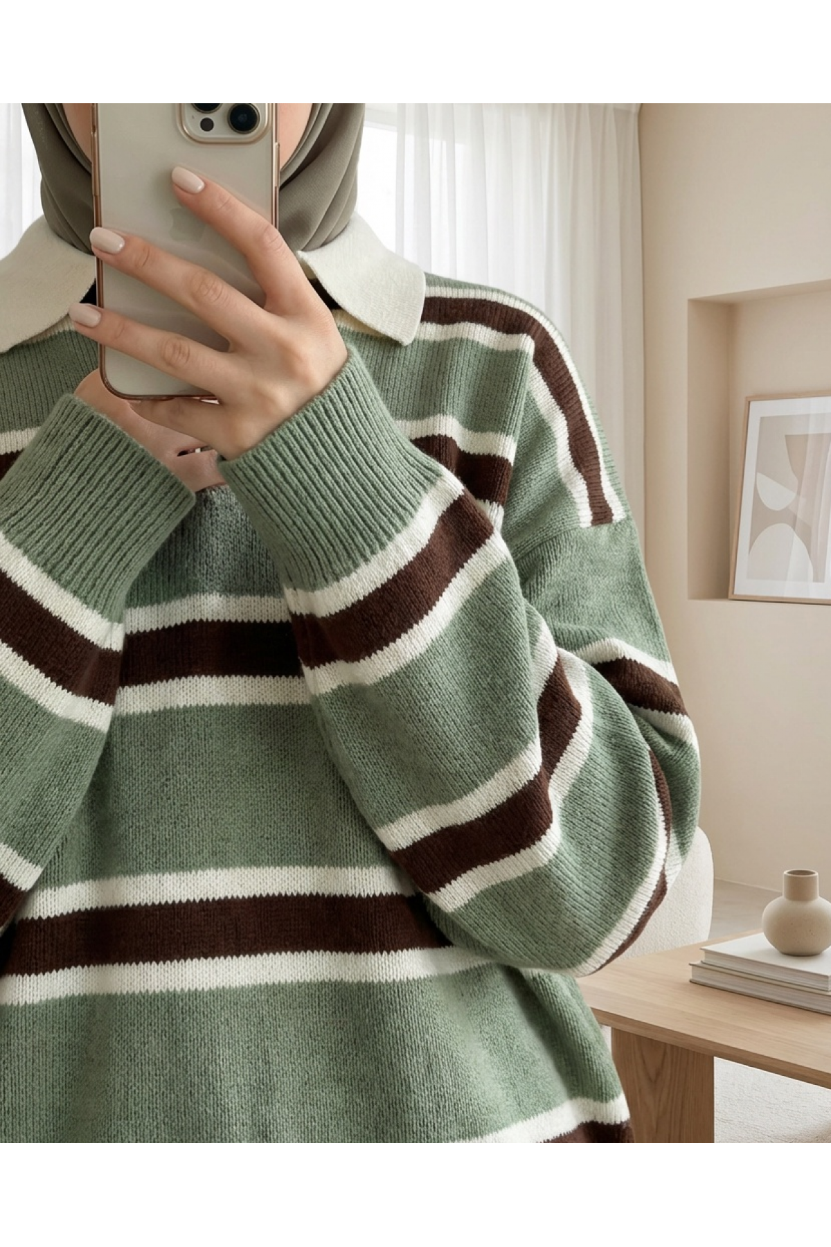 Polo Collar Buttoned Colorful Striped Knit Sweater  -Green