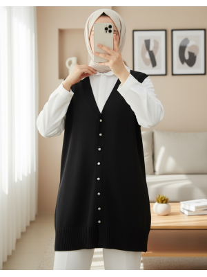 V Yaka Düğmeli Triko Yelek -Siyah