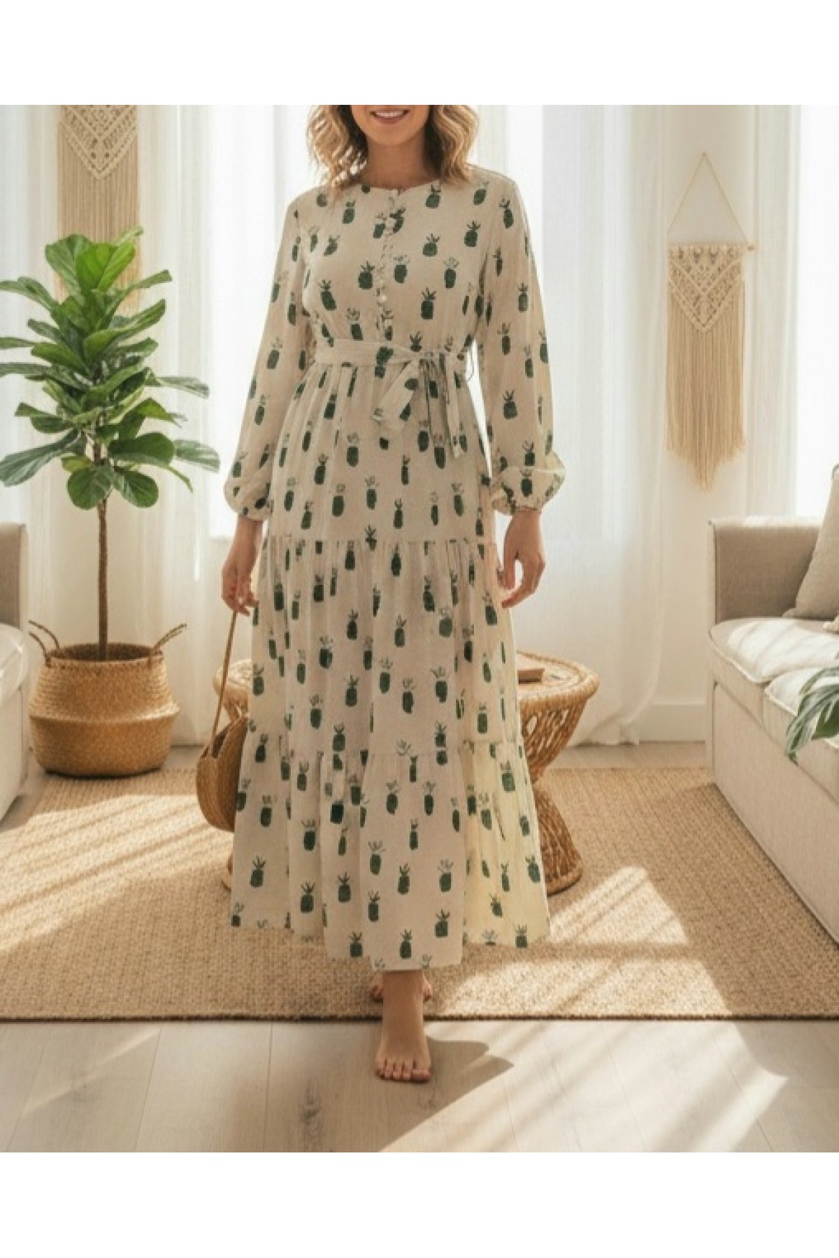 Buttoned Pineapple Printed Linen Dress -Green