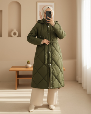 Belted, Front Snap-Front Hooded, Lined, Long Quilted Coat -Khaki