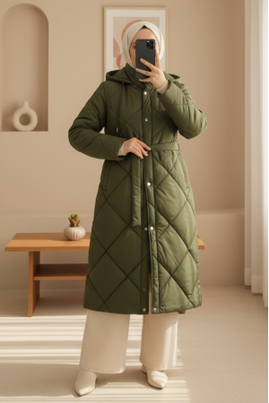 Belted, Front Snap-Front Hooded, Lined, Long Quilted Coat -Khaki