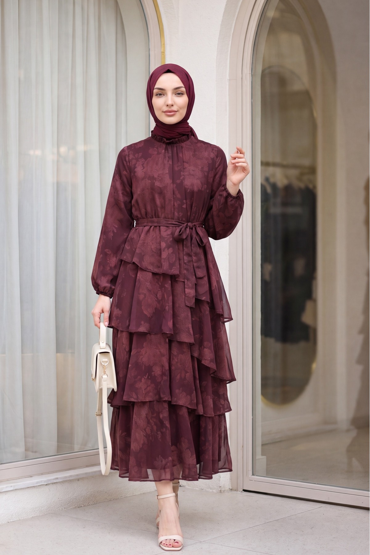 Yoryo Patterned Layered Skirt, Tie-Waist, Lined Chiffon Dress -Maroon