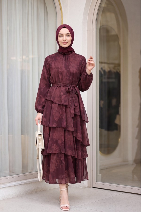 Yoryo Patterned Layered Skirt, Tie-Waist, Lined Chiffon Dress -Maroon