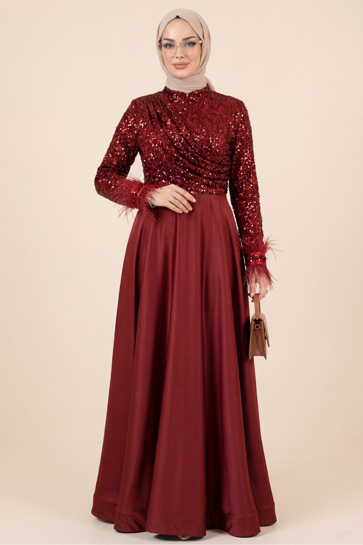 Sequined Top, Feathered Sleeves, Satin Skirt Evening Dress -Maroon