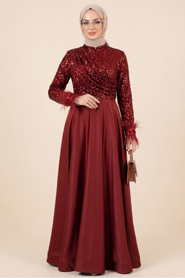 Sequined Top, Feathered Sleeves, Satin Skirt Evening Dress -Maroon
