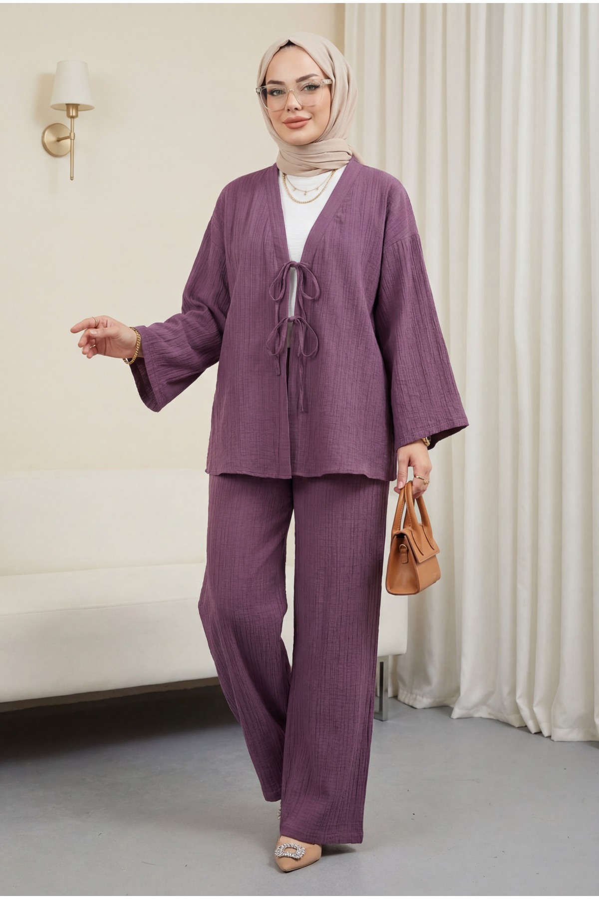Crinkle Suit with Double Laced Front Trousers -Damson