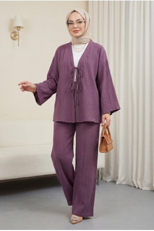 Önü Çift Bağcıklı Pantolonlu Krınkıl Takım -Mürdüm