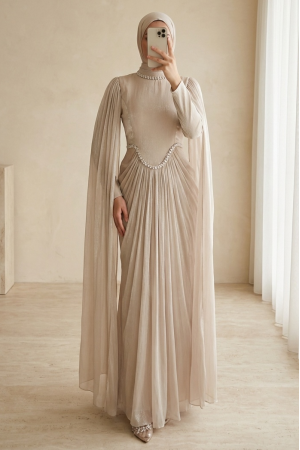 Yakası Ve Beli Taşlı Pelerin Detaylı Janjan Abiye -Taş