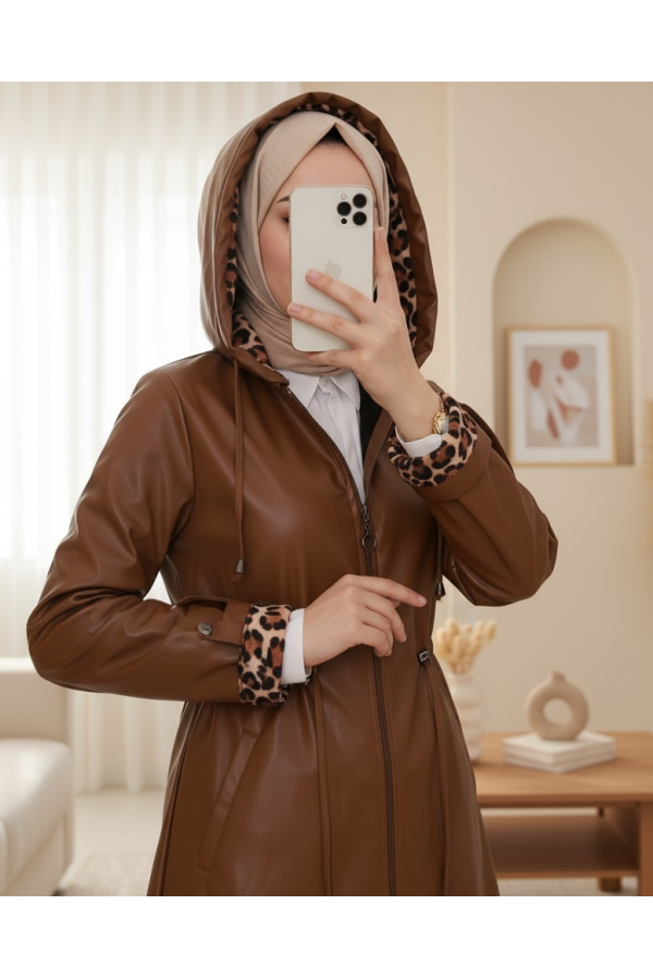 Folded Arm Tie Waist Hooded Leather Cap -Snuff