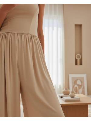 7029 Bol Paça Askılı Tulum - Bej