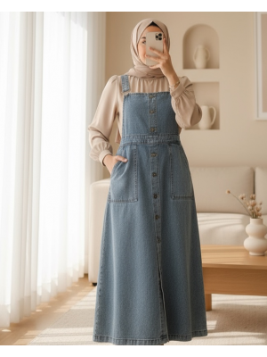 Boydan Düğmeli Çift Cepli Kot Salopet -Buz Mavi